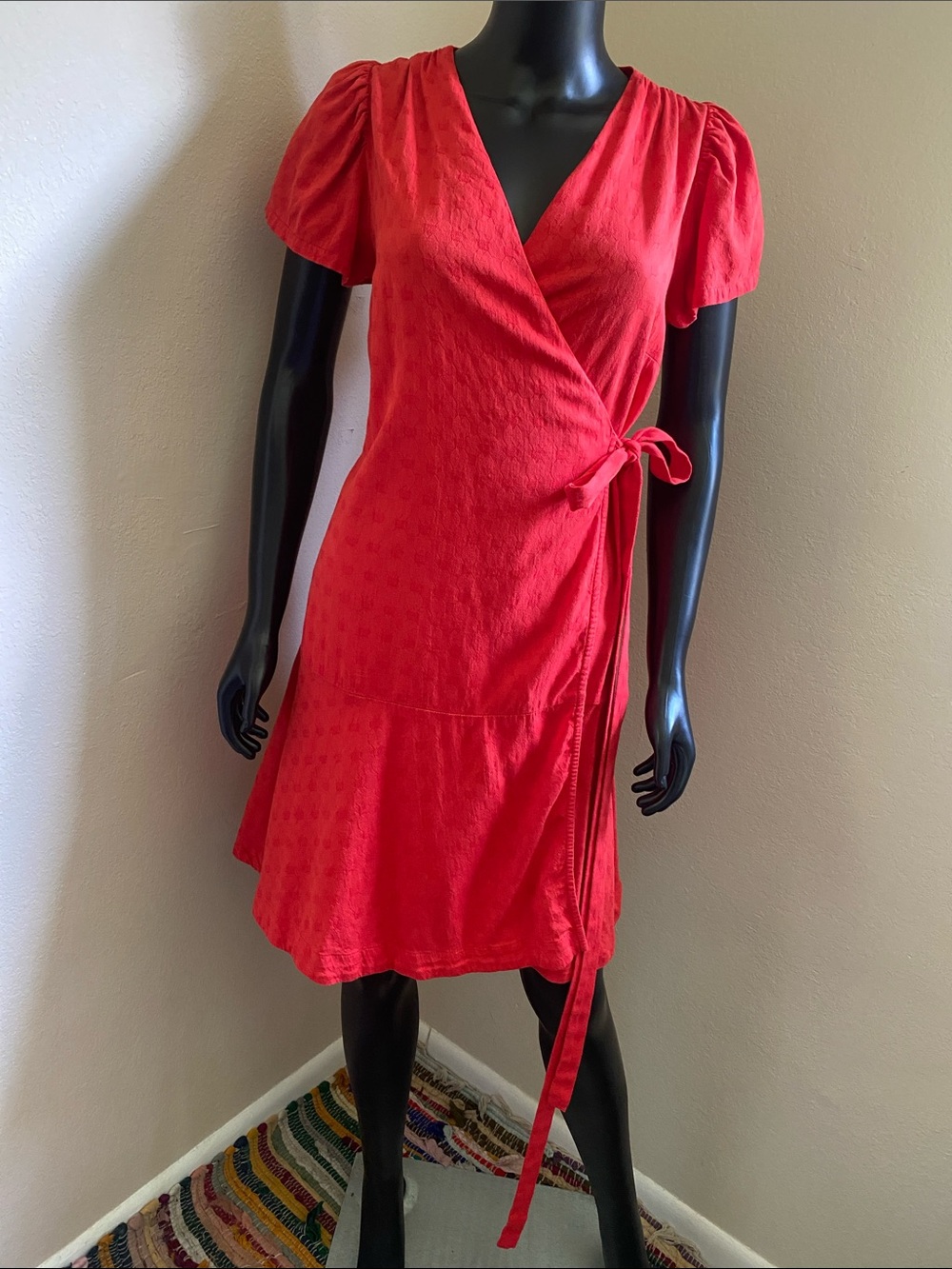 Puff Sleeve Red True Wrap Midi Dress with Tie Waist